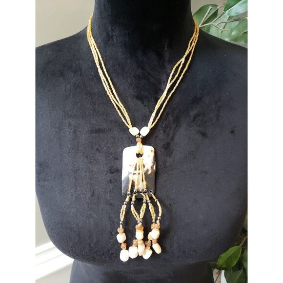 Women Vintage Yellow Beaded Necklace with Mother of Pearl Pendant and Tassel - Picture 1 of 6